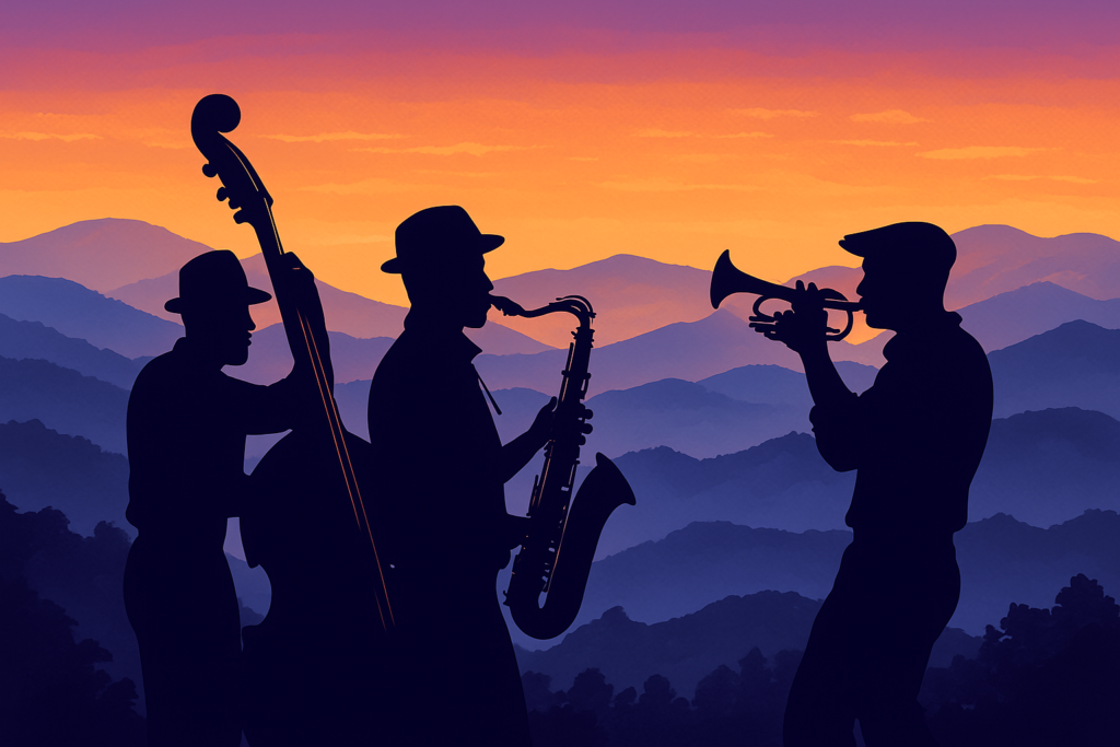 Website cover image showing mountains and generic band members playing jazz.