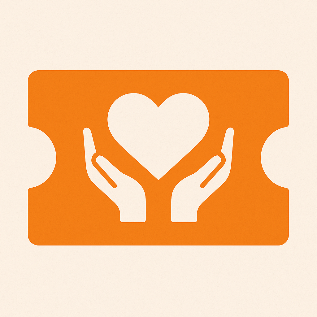 Graphic of open hands surrounding a heart, for a visual representation of each ticket sold supporting the arts.